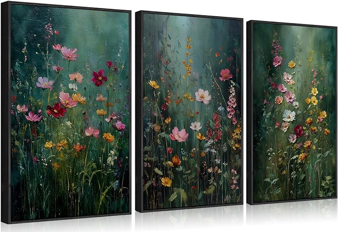 3Pcs Dark Green Floral Canvas Wall Art Moody Wildflowers Poster Prints Vintage Nature Rustic Botanical Flowers Pictures for Bedroom Living Room Office Bathroom Wall Decor 12x16in Unframed
