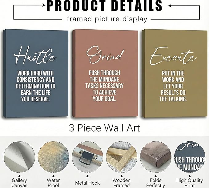 3pcs Inspirational Quotes Canvas Wall Art Uplifting Motivational Positive Office Wall Decor Pictures Hustle Execute Success Quotes Posters Prints for Living Room Bedroom Man Cave Decorations