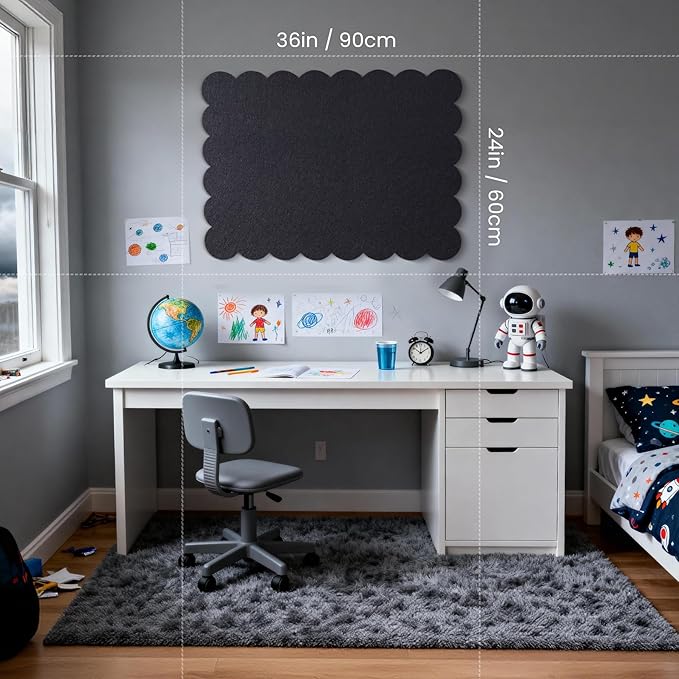 Scalloped Bulletin Board, 36 x 24 Inches Felt Pin Board - Decorative Cork Alternative for Wall, 3' x 2' Foldable Picture Self-Adhesive Vision Prayer Board with 20 Pushpins - Black