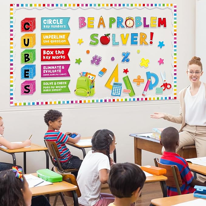 Pajean Math Bulletin Board Mathematics Cubes Classroom Decoration Be a Problem Solver Colorful Cutout for Back to School First Day Window Door Wall Elementary Preschool Teacher Supplies