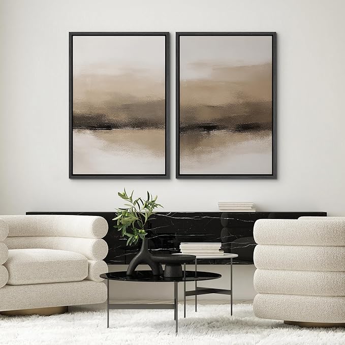 SIGNWIN Framed Canvas Print Wall Art Set Beige and Black Neutral Abstract Landscape Minimalist Illustrations Modern Art Decorative Multicolor for Living Room, Bedroom, Office - 24"x36"x2 Black