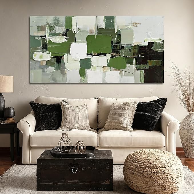ZUNARE Abstract Geometric Wall Art Green White Black and Gray Canvas Painting, Layered Color Block Modern Artwork for Living Room Bedroom Kitchen Office Wall Decor 24"x48"