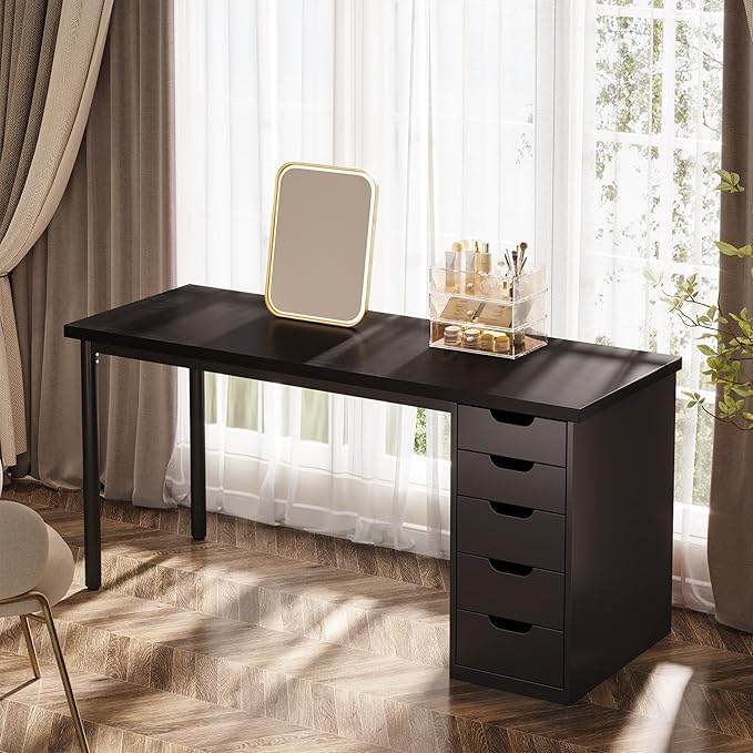 Tribesigns Modern Simple Computer Desk, 47 Inches PC Desk with 5 Reversible Drawers, Rustic Brown Study Writing Table Workstation for Home Office Small Spaces (Black)