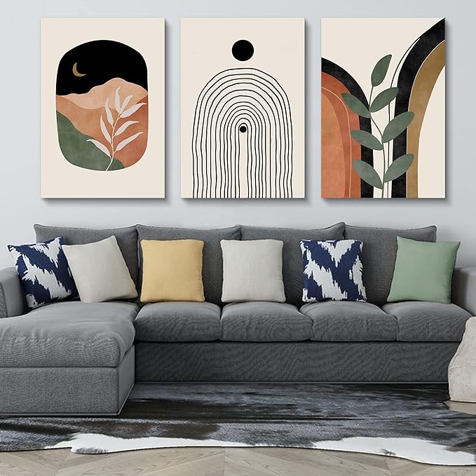 Boho Wall Art Set of 3 - Mid Century Modern Canvas Prints: Sun Moon Leaf Mountain, Neutral Abstract Geometric for Bedroom, Bathroom, Living Room, Office