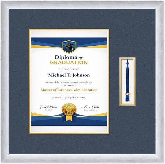 Diploma Frame with Tassel Holder 20.25 x 20 Stainless Silver Shadowbox Navy Blue Over Gold Mat - Fits 10 x 13 Degree Made in the USA