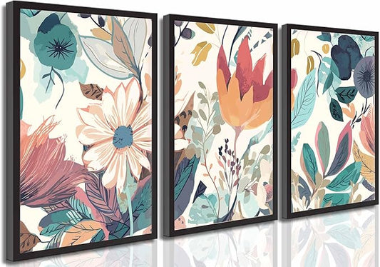 3 Pcs Boho Wild Flowers Canvas Wall Art Neutral Watercolor Boho Abstract Floral Botanical Painting Picture Wall Decor Poster Print Artwork for Living Room Bedroom Home Decoration Unframed