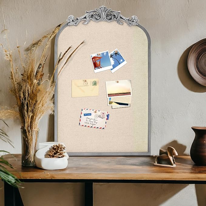 Vintage Framed Pin Board Linen Display Bulletin Board Large Cork Fabric Picture Photo Pinboard Memo Ornate Decorative Pinboard Ornate for Wall Gift(Arch,19" X 31",Silver)