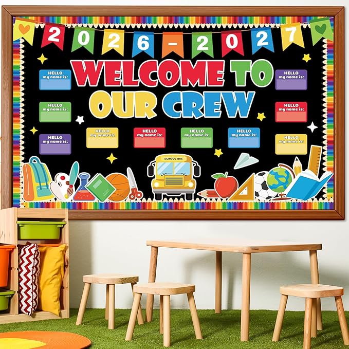 Welcome to Our Crew Classroom Bulletin Board Set Pencil Notebook Welcome Back to School Bulletin Board Decorations First Day of School Theme Classroom Cutouts Preschool Chalkboard Wall Decor