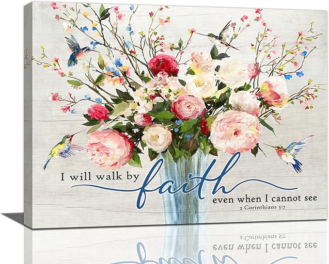 Christian Wall Art Bible Verses Pictures Wall Decor Rustic Floral Canvas Country Flower Print Painting Modern Home Artwork for Bathroom Bedroom Living Room Office Framed 16"x12"