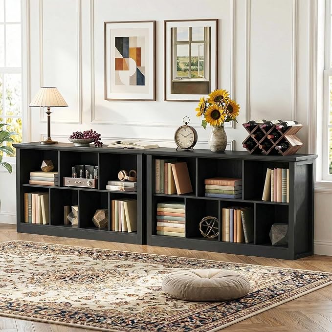 Unikito 7 Cube Storage Book Shelf - 50" Wide Wood Cube Storage Organizer, Wooden 2 Tiers Floor Standing Low Bookcase for Living Room, Bedroom, Home Office, Kids Room