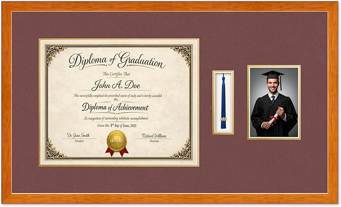 Diploma Tassel and Photo Frame Honey Oak Shadowbox Dark Red Over Gold Mat - Fits 15 x 12 Degree Picture Made in the USA