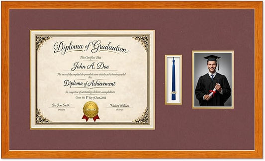 Diploma Tassel and Photo Frame Honey Oak Shadowbox Dark Red Over Gold Mat - Fits 15 x 12 Degree Picture Made in the USA