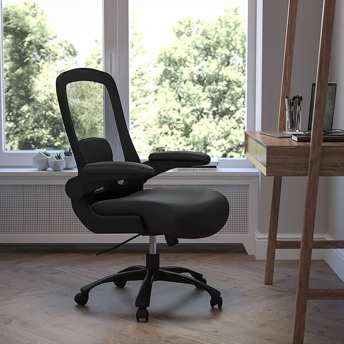 Flash Furniture Big & Tall Swivel Office and Gaming Chair with LeatherSoft Seat, Mesh Office Chair with Flip-Up Armrests and Adjustable Height, Black