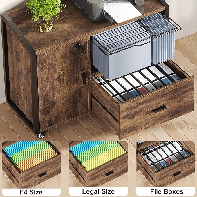 HSH Mobile File Cabinet with Lock, 1-Drawer Rolling lateral Filling Cabinet on Wheels, Wood Printer Stand with Open Storage Shelves & Hanging File Rack, File Cabinets for Home Office,Rustic Brown,33In