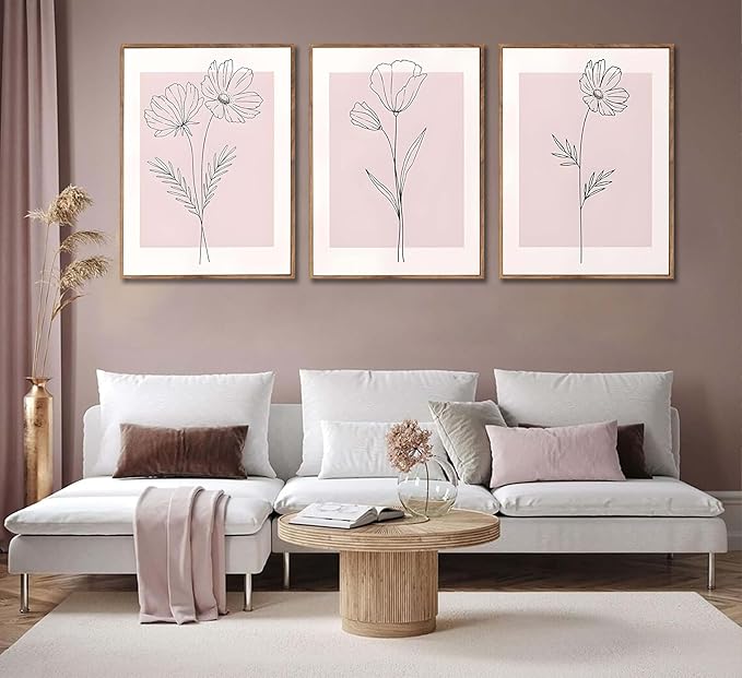 3Pcs Framed Minimalism Botanical Canvas Wall Art Pink Flowers Line Plants Pictures Wall Decor Posters Print Artwork for Girls' Room Living Room Bedroom Bathroom Office Home Decoration