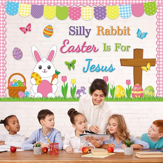 Easter Christian Bulletin Board Decorations Spring Easter Bunny Paper Cutouts Silly Rabbit Easter is for Jesus Religious Bulletin Board for Classroom Bible Sunday School Home Wall Decor Supplies
