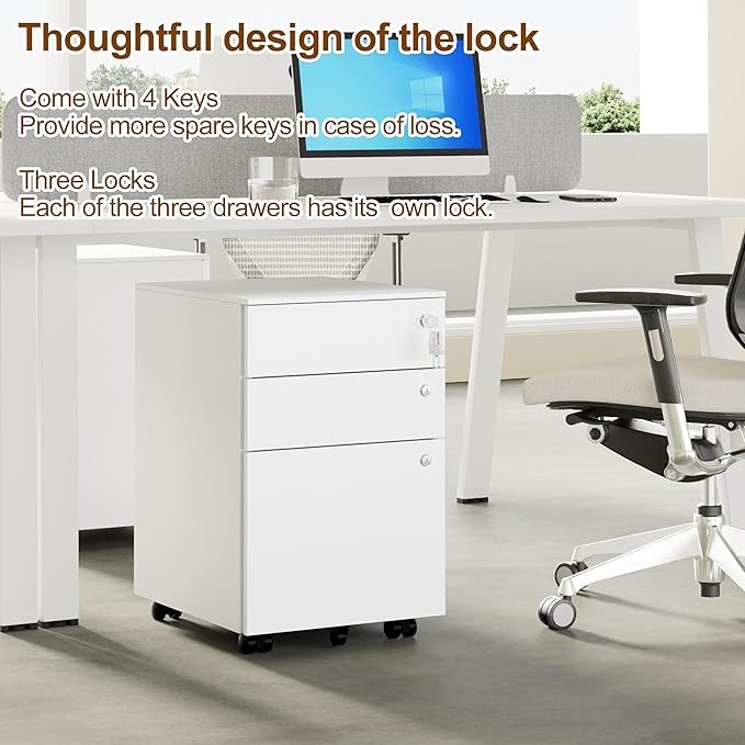 3 Drawers File Cabinet with 3 Lock, Mobile Metal Filing Cabinet, Fully Assembled Except Casters, for Home Office, for A4, Letter, Legal File Folders, White
