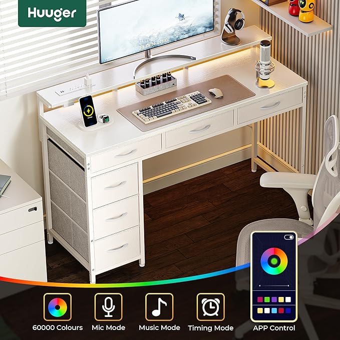 Huuger Gaming Desk with 6 Drawers, Computer Desk with LED Lights Power Outlets and Type-C, 47 Inch Office Table with Storage, Monitor Stand, Writing & Work Home Office, Bedroom, Study, White