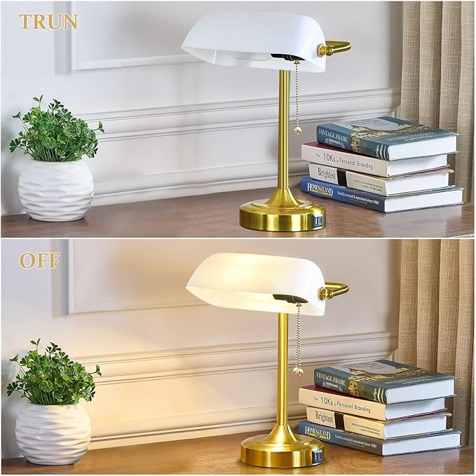 Vintage Desk Lamp Bankers Lamp - Plastic Lampshade Retro Table Lamp with USB & Type C Charging Ports Traditional Library Lamp for Home Office Nightstand Bedroom Side Table Lamp(T45 Bulb Included)