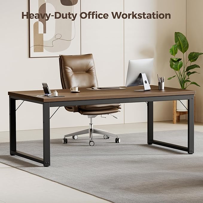 Mericonia 48 Inch Computer Desk with Power Outlets, 1.2" Thick Heavy Duty Industrial Office Desk, Modern Simple Study Writing Table for Home Bedroom Workstation, Walnut