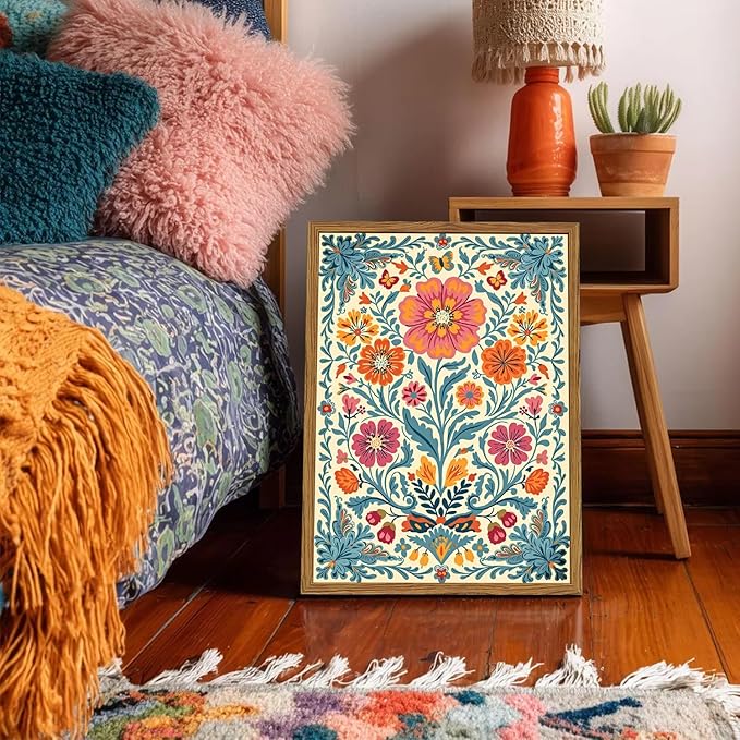 Framed Vintage Mexican Floral Canvas Wall Art, Colorful Folk Flower Wall Decor Pictures, Boho Botanical Painting Prints Rustic Home Decor for Living Room Bedroom 16x24 inch