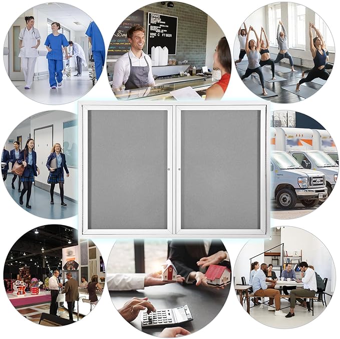 Outdoor Bulletin Board Weatherproof 48x34 in,Enclosed Bulletin Board with Locking Door, Wall Display Case for Office School Home Commercial, Silver Aluminum Frame, Gery Felt