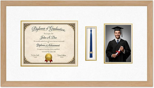 Diploma Tassel and Photo Frame Natural Wood Shadowbox Oyster Shell Over Gold Mat - Fits 10 x 8 Degree Picture Made in the USA