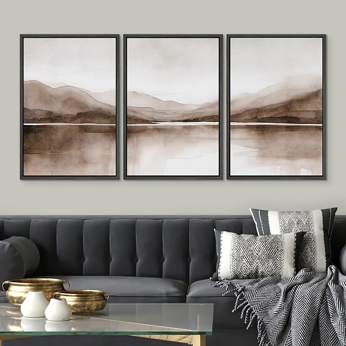 SIGNWIN Framed Canvas Print Wall Art Mountain Landscape Modern Minimalist Brown and Gray Watercolor Nature Wilderness Modern Art Cool for Living Room, Bedroom, Office - 24"x36"x3 Black