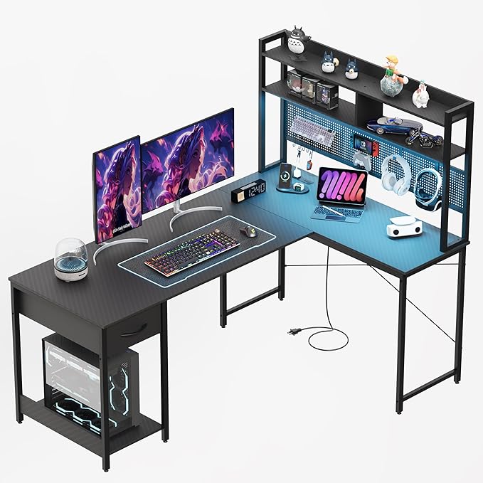 Apicizon L Shaped Gaming Desk 53", Reversible Corner Computer Desk with LED Lights, Carbon Fiber Surface, Pegboard with Hooks, Drawer & PC Tower Stand, USB Charging Port