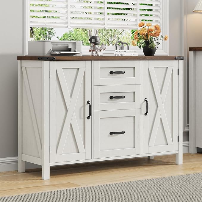 3 Drawer File Cabinet, Farmhouse Lateral Filing Cabinet with Doors Fits Letter or A4 Size, Wooden Printer Stand with Open Storage Adjustable Shelf for Home Office, Rustic White