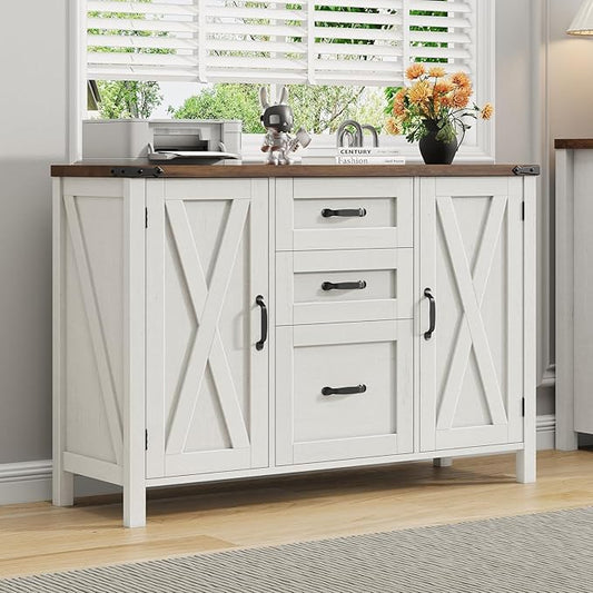 3 Drawer File Cabinet, Farmhouse Lateral Filing Cabinet with Doors Fits Letter or A4 Size, Wooden Printer Stand with Open Storage Adjustable Shelf for Home Office, Rustic White