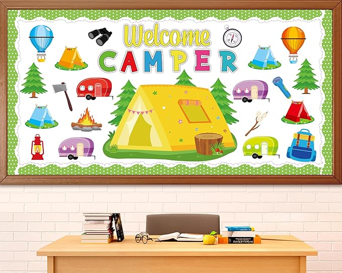 Camping Bulletin Board Set Happy Camper Trim Classroom Border Decorations VBS Tent Vintage Trailers Cutouts Welcome Camper for Back to School Summer Camping Nursery Chalkboard Wall Door Decor