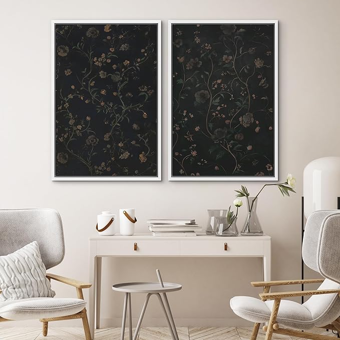 SIGNWIN Framed Canvas Print Wall Art Set Dark Vintage Floral Moody Botanical Modern Art Minimal Boho Relax/Calm for Living Room, Bedroom, Office - 16"x24"x2 White
