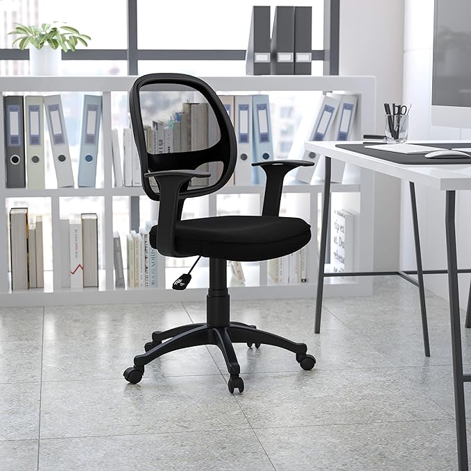 Flash Furniture Mallard Mid-Back Swivel Mesh Office Chair with Padded Seat and T-Arms, Height-Adjustable Ergonomic Padded Office Desk Chair, Black