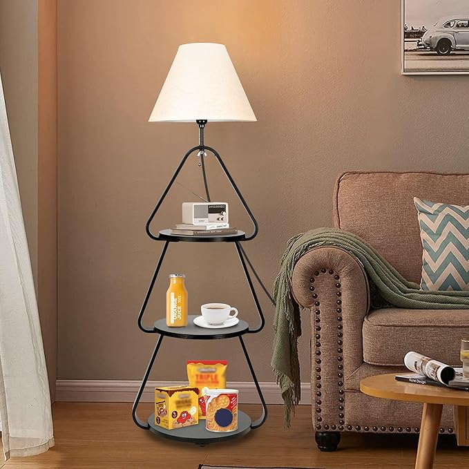 Floor Lamp with Small Round Side Table, 3-Tier Circular End Table with Storage Shelf, Round Corner Coffee Desk Nightstand for Living Room Bedroom Small Spaces, Black