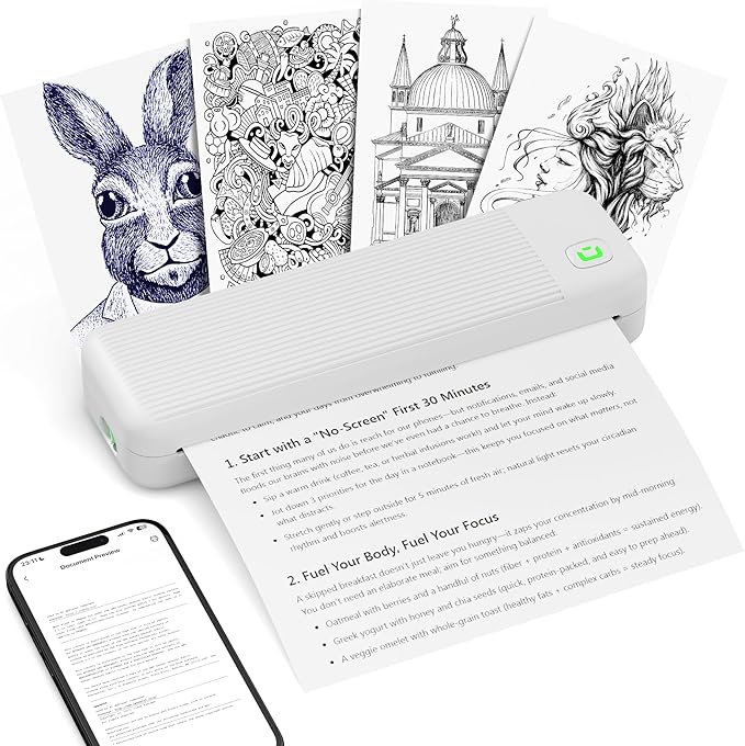 Portable Printer for Travel, Inkless Wireless Thermal Printer Compatible with iOS, Android, Laptop, Bluetooth Printers Supports 8.5"x11" US Letter for Office,Car,Home (White)