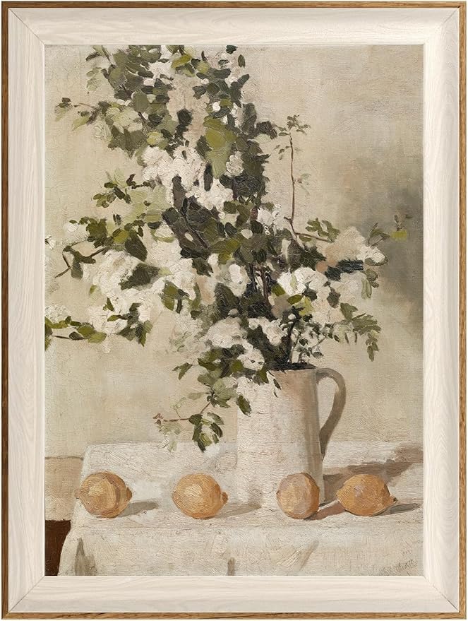 ASTRDECOR Framed Vintage Wall Art, Farmhouse Wall Decor White Flowers Canvas Oil Painting, Vintage Kitchen Decor Floral Wall Art Lemon Botanical North Art Prints for Kitchen Bedroom - 12''x 16''
