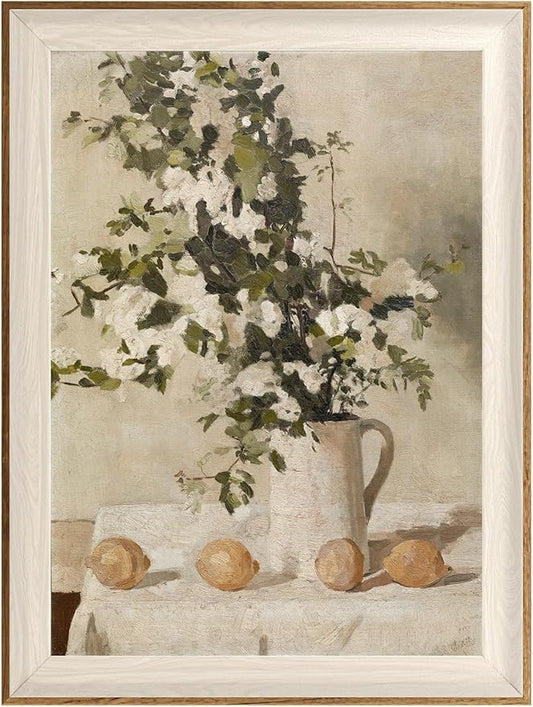 ASTRDECOR Framed Vintage Wall Art, Farmhouse Wall Decor White Flowers Canvas Oil Painting, Vintage Kitchen Decor Floral Wall Art Lemon Botanical North Art Prints for Kitchen Bedroom - 12''x 16''