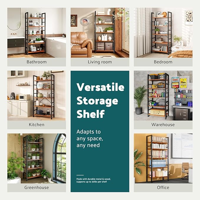 NEWBULIG Book Shelf 5 Tier Modern Bookcase Sturdy Metal Storage Organizer Books/CDs/Magazines Industrial Open Display Shelf for Bedroom Home Office Kitchen Living Room, Rustic