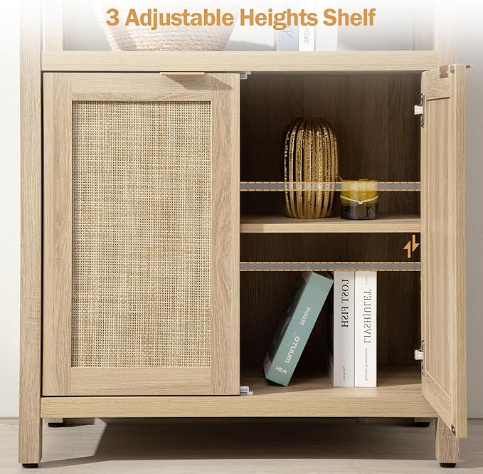 SICOTAS Bookshelf 5 Tier Book Shelf Rattan Boho 71" Tall Bookcase with Doors Storage Shelves Large Bookshelves Farmhouse Bookcases Library Book Case for Living Room Bedroom Home Office Kitchen