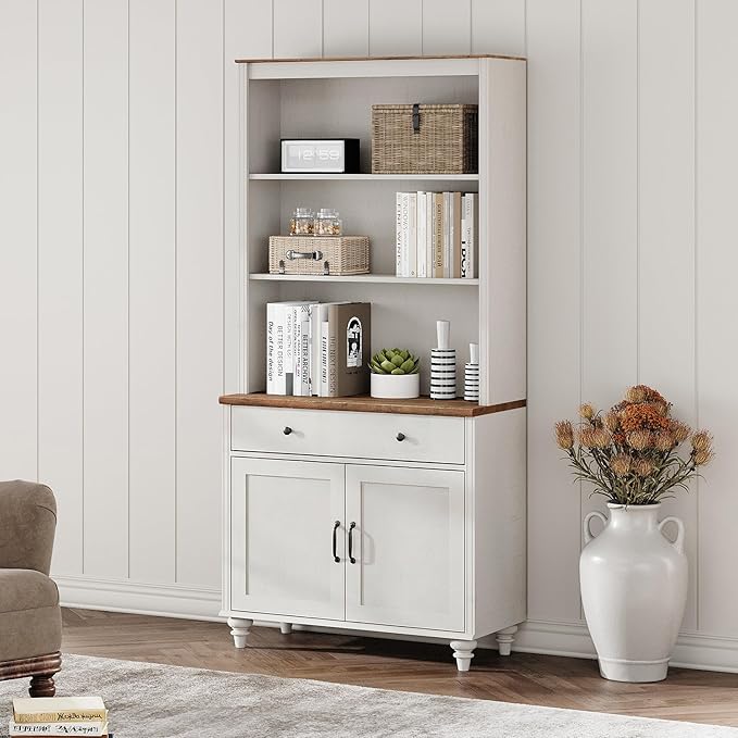 WAMPAT 5 Tier Bookshelf 72" Tall Bookcase with Barn Doors, Large Farmhouse Display Book Shelf with Wood Doors and Storage Cabinet，Library Wooden Bookshelves for Living Room, Office, Kitchen, White