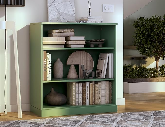 Palace Imports Solid Wood Bookcase - 3-Tier Floor Standing Bookshelf - 36" Short Storage Shelf, 32” W - Green, Display Furniture for Living Space, Renewable 100% Eco-Friendly Wood, Made in Brazil