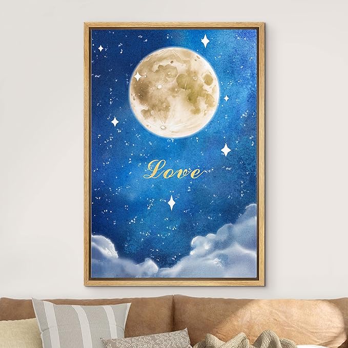 IDEA4WALL Framed Canvas Print Wall Art Love Watercolor Galaxy with Yellow Moon Astronomy & Space Sky Illustrations Modern Art Glam Colorful Ultra for Living Room, Bedroom, Office - 24"x36" NATURAL