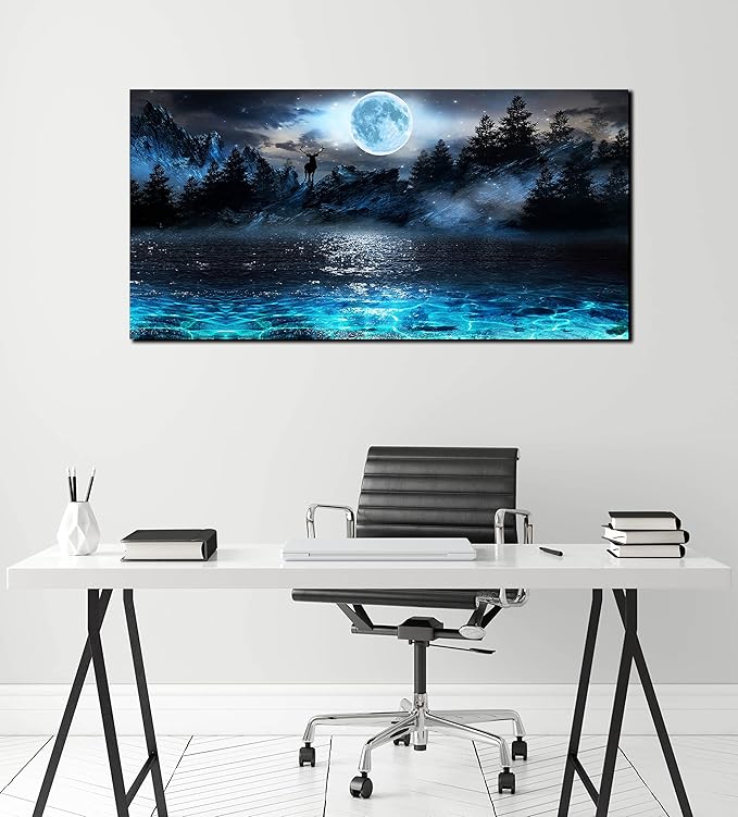 Moon Sea Ocean Wall-Art For Living Room Large Size - Blue Wall Decor For Bedroom - Forest Wall Art Ready To Hang 29" x 59"