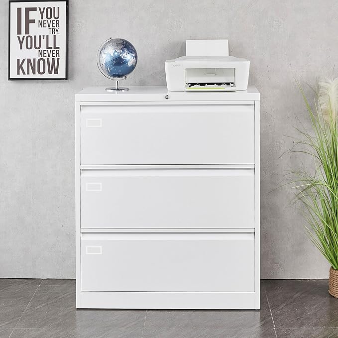 3 Drawer Filing Cabinet, Black Lateral File Cabinet with Lock, Lockable Metal File Cabinet for Home Office, Office File Cabinets for Legal/Letter/A4/F4 Size with Hanging Files&Key (White(3 Drawer))