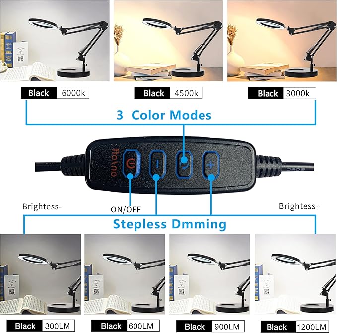 KIRKAS 10X Magnifying Glass with Light and Stand, 2-in-1 Stepless Dimmable LED Desk Lamp with Clamp, 3 Color Modes Lighted Magnifier Swivel Arm Light for Reading, Craft, Close Works - Black