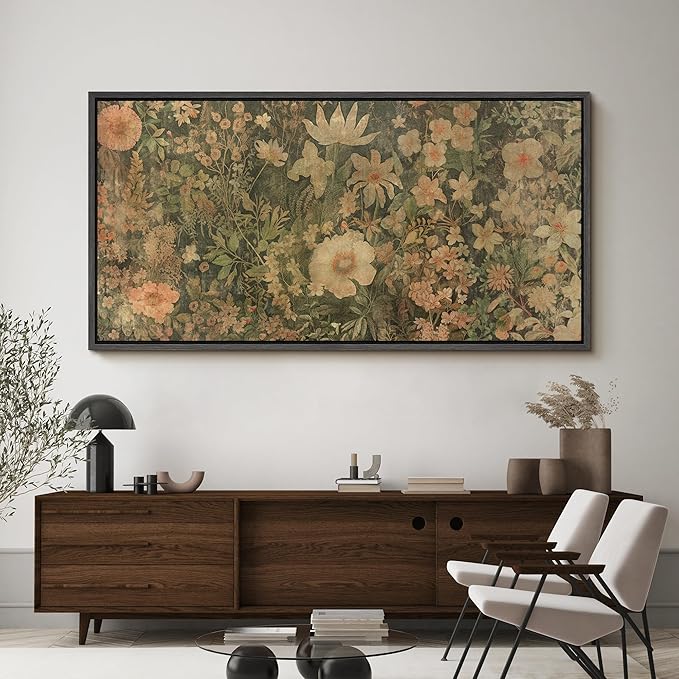 SIGNFORD Extra Large Framed Canvas Botanical Garden in Muted Earth Tones Vintage Floral Illustrations Modern Art Calm Warm for Living Room, Bedroom, Office - 60"x30"