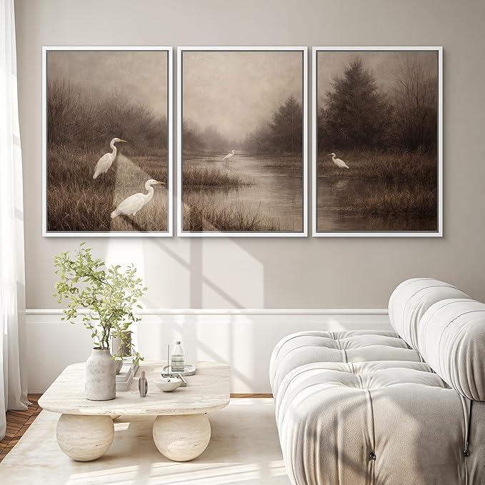 SIGNWIN Framed Canvas Print Wall Art Set Misty Marsh Herons Illustrations Decorative Relax/Calm Zen for Living Room, Bedroom, Office - 16"x24"x3 WHITE