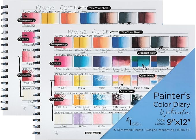 Painters Color Diary - 9x12 140lb Spiral-Bound Acid-Free Color Swatch Book with 10 Pages for Watercolor & Mixed Media - 2 Pack