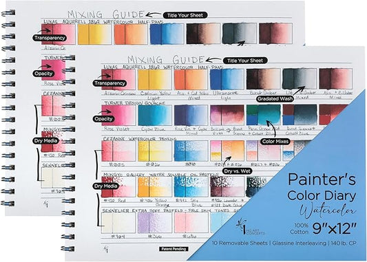 Painters Color Diary - 9x12 140lb Spiral-Bound Acid-Free Color Swatch Book with 10 Pages for Watercolor & Mixed Media - 2 Pack